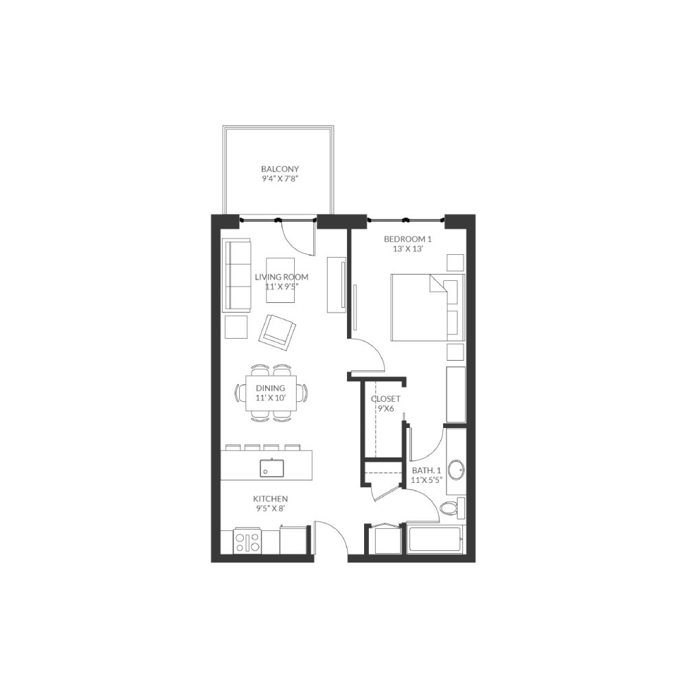 Black and white floor plan of a one-bedroom apartment with a kitchen, dining area, living room, bathroom, bedroom, closet, and balcony. Room dimensions are labeled in feet and inches.