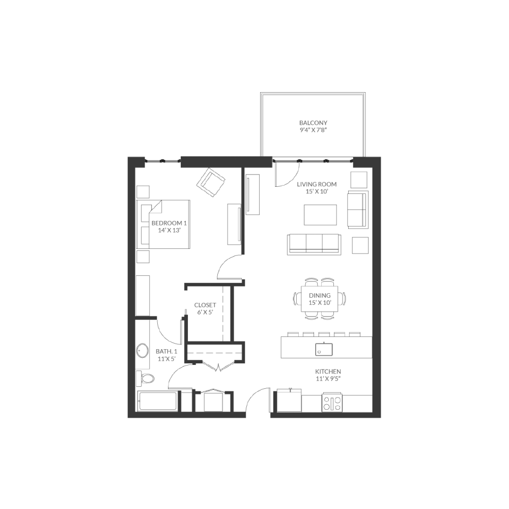 Black and white floor plan of a one-bedroom apartment featuring a bedroom, bathroom, closet, kitchen, dining area, living room, and balcony. Furniture layouts are shown in each room.