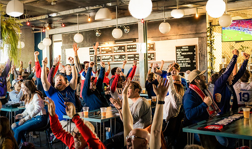 A lively group of people in a neighborhood bar cheer and raise their arms in excitement while watching a sports game on TV; drinks and snacks are on the tables around them.