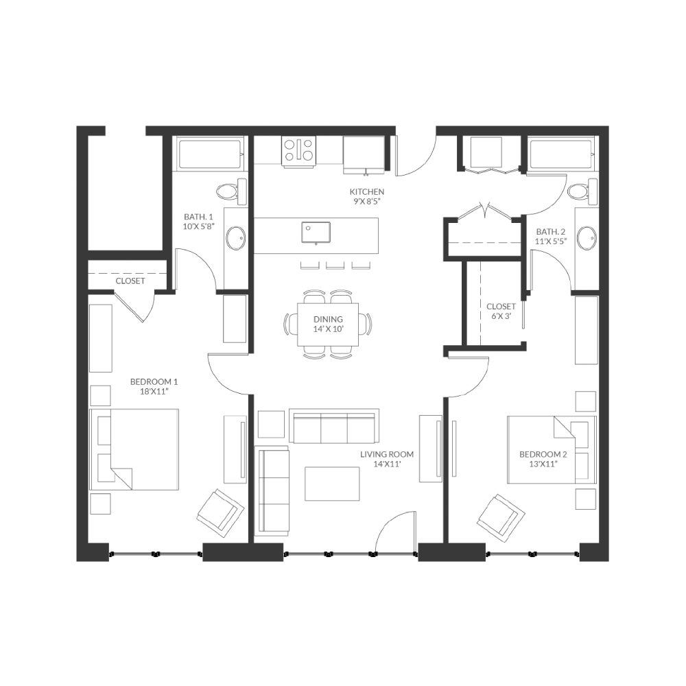A black and white floor plan of a two-bedroom apartment with two bathrooms, a kitchen, dining area, living room, and closets in each bedroom. The main entrance is near the kitchen and dining area.