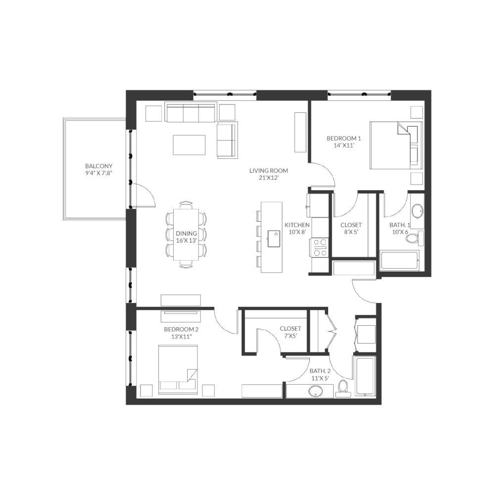 Black and white floor plan of a two-bedroom apartment with a living room, dining area, kitchen, two bathrooms, two closets, and a balcony. Furniture and room dimensions are labeled.