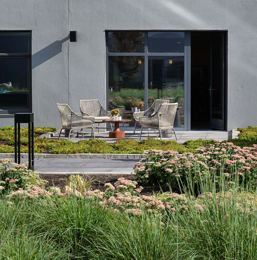 A modern patio with four wicker chairs around a small table sits outside a gray building, surrounded by lush green plants and blooming pink flowers.
