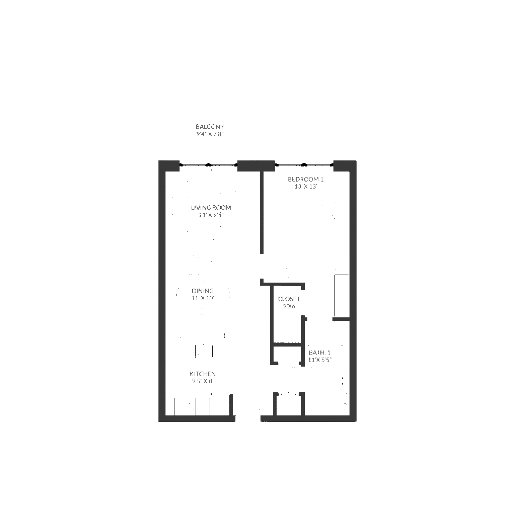 Black and white floor plan of a one-bedroom apartment showing a kitchen, dining area, living room, bedroom, closet, bathroom, and balcony with labeled room dimensions.